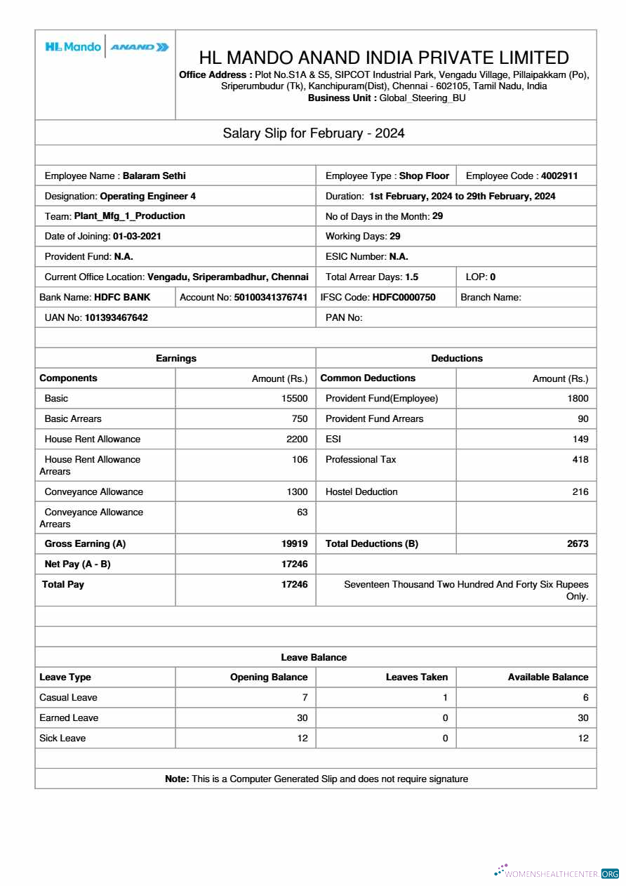 Download HL Mando Anand India manufacturer salary slip template in Word and PDF formats.pdf, 1 Photoshop template